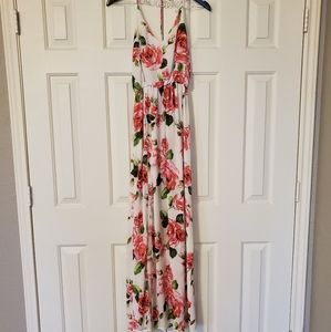 White with pink rose maxi dress